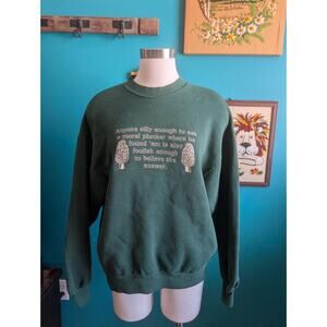 Vintage 90s Forest Green Crewneck Morel Mushroom Size large Goblincore Foraging